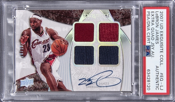 2007-08 UD "Exquisite Collection" Extra Quad Jersey Autograph #ED-LJ LeBron James Signed Game Used Jersey Card (#10/10) – PSA Authentic, PSA/DNA Certified